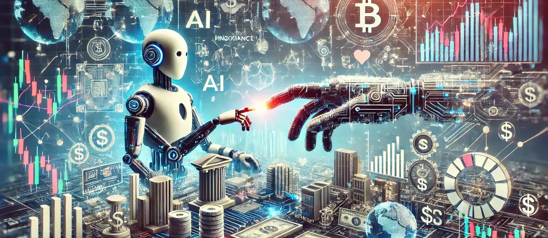 Create a simpler and more realistic representation of the world of AI meeting the world of finance. The image should show elements of both realms interacting seamlessly. Depict AI with robotic elements, digital data, and futuristic technology, while finance should include stock market charts, currency symbols, and financial graphs. The scene should blend these elements in a harmonious and visually appealing manner, highlighting the integration of AI technology in the financial sector. The overall composition should convey innovation and synergy between AI and finance, in a 4:2 aspect ratio.